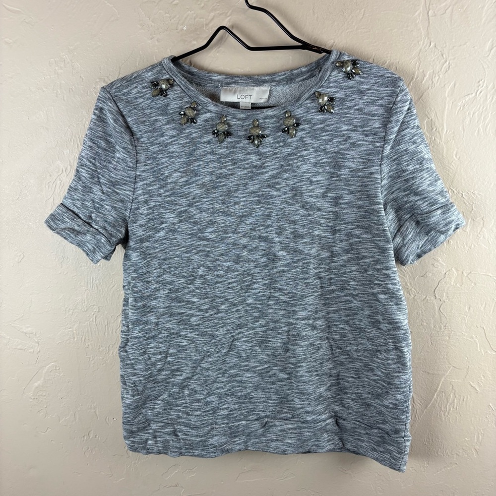 LOFT Gray Short Sleeve Top Embellished Neck LP Large Petite